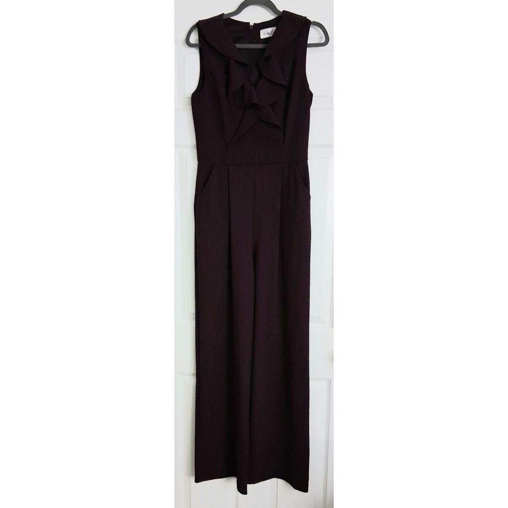 Eliza J Purple Jumpsuit* Women's Size 6 Ruffle V-Neck Crepe Zip Up Sleeveless